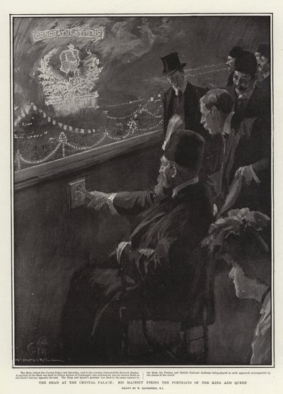 De sjah in het Crystal Palace, Zijne Majesteit schiet op de portretten van de koning en koningin door William Hatherell