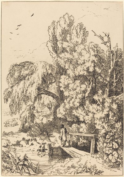 Landschap met Bomen, Meisje Overstekend Voetbrug door William Havell