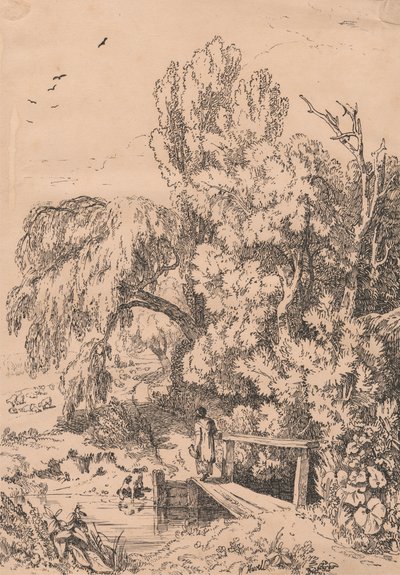 Landschap met Bomen, Meisje dat Voetbrug Oversteekt door William Havell