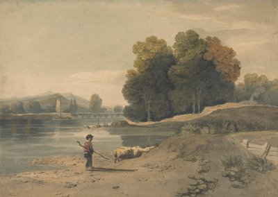 Rivierscène met Jongen en Schapen door William Havell