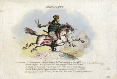 Napoleon galoppeert op Ambition, een paard met vleugels aan zijn voeten over de wereldbol door William Heath