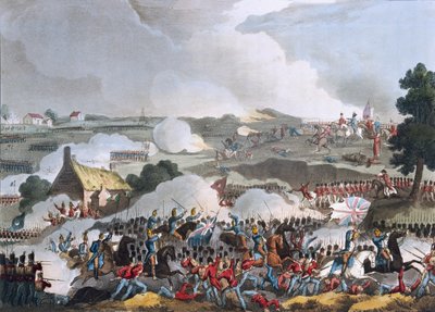 Het centrum van het Britse leger in actie bij de Slag bij Waterloo, 18 juni 1815, aquatint door Sutherland, 1815 (gekleurde aquatint) door William Heath