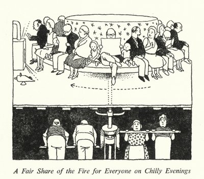Een eerlijke verdeling van het vuur voor iedereen op koude avonden door William Heath Robinson
