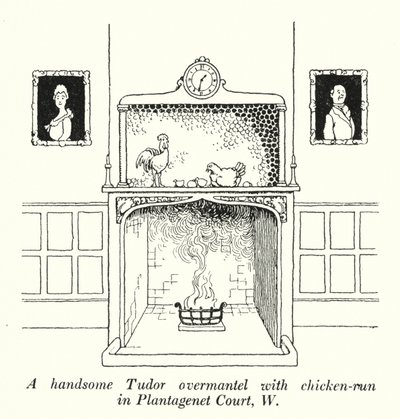Een mooie Tudor schouw met kippenren in Plantagenet Court, W door William Heath Robinson