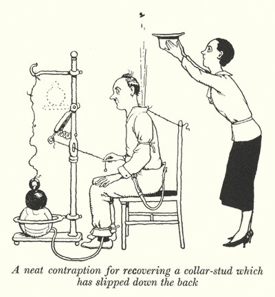 Een nette uitvinding om een kraagknoopje terug te halen dat naar beneden is gegleden door William Heath Robinson