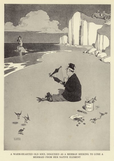 Een warmhartige oude ziel vermomd als een meerman die probeert een zeemeermin uit haar natuurlijke element te lokken door William Heath Robinson