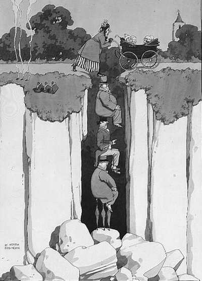 Act van vriendelijkheid, bedachtzaamheid van drie heren die een dame over een kloof helpen door William Heath Robinson