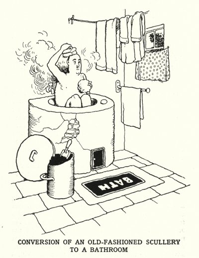 Omzetting van een ouderwetse bijkeuken naar een badkamer door William Heath Robinson
