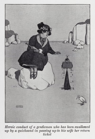Heroïsch gedrag van een heer die is opgeslokt door drijfzand terwijl hij zijn vrouw haar retourticket aanreikt door William Heath Robinson