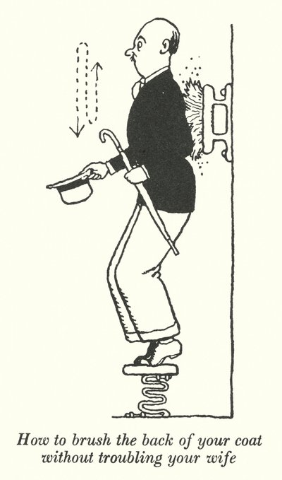 Hoe je de achterkant van je jas borstelt zonder je vrouw lastig te vallen (litho) door William Heath Robinson