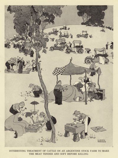 Interessante behandeling van vee op een Argentijnse boerderij om het vlees mals en zacht te maken voor het slachten door William Heath Robinson