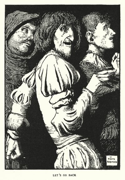 Laten we teruggaan (litho) door William Heath Robinson