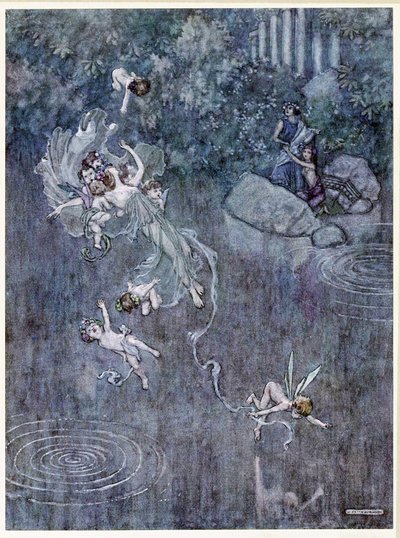Oberon: en laat hem met de mooie Aegle zijn trouw breken, uit Een Midzomernachtsdroom, uitgegeven 1914 door William Heath Robinson