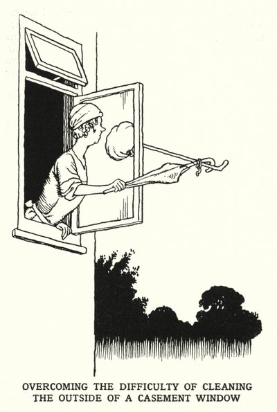 Het overwinnen van de moeilijkheid om de buitenkant van een draairaam schoon te maken door William Heath Robinson