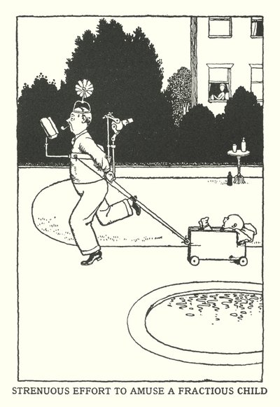Inspannende poging om een lastig kind te vermaken (litho) door William Heath Robinson