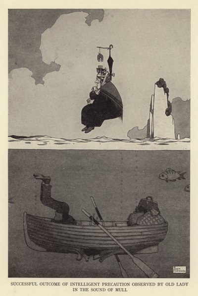 Succesvol resultaat van intelligente voorzorgsmaatregelen waargenomen door oude dame in het geluid van mull door William Heath Robinson