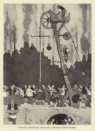 Testen van kunstgebitten in een moderne tandheelkundige werkplaats door William Heath Robinson