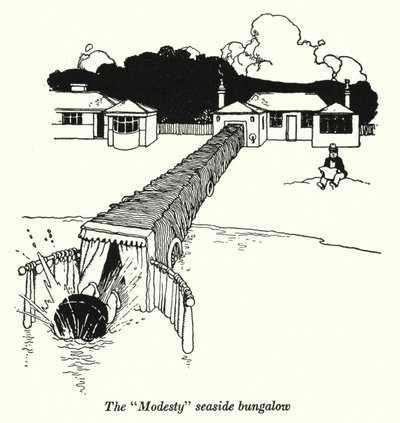 De "Bescheidenheid" Strandbungalow (litho) door William Heath Robinson