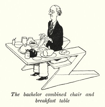 De vrijgezellen gecombineerde stoel en ontbijttafel door William Heath Robinson