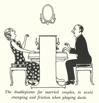 De dubbelpiano voor echtparen, om krampen en wrijving bij het spelen van duetten te voorkomen door William Heath Robinson