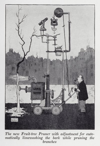 De nieuwe fruitboom snoeier met aanpassing voor automatisch kalken van de schors tijdens het snoeien van de takken door William Heath Robinson