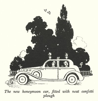 De nieuwe huwelijksreisauto, uitgerust met een nette confettiploeg (litho) door William Heath Robinson