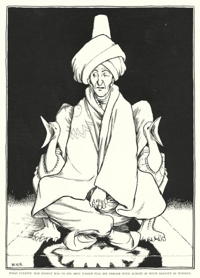 Wat hem zeer beviel was om Abou Hassan zijn troon te zien vullen met bijna evenveel ernst als hijzelf (gravure) door William Heath Robinson