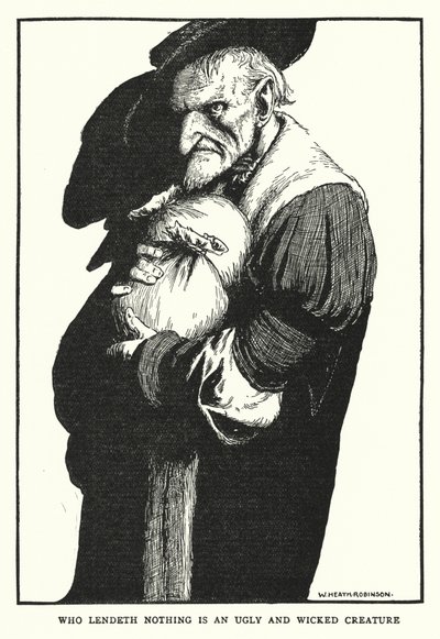 Wie niets leent is een lelijk en slecht schepsel (litho) door William Heath Robinson