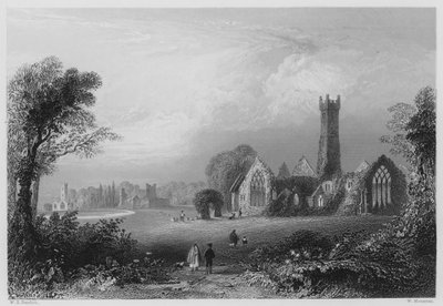 Augustijner Abdij, Adare, met het Kasteel van de Fitzgeralds en de Franciscaner Abdij (gravure) door William Henry (after) Bartlett