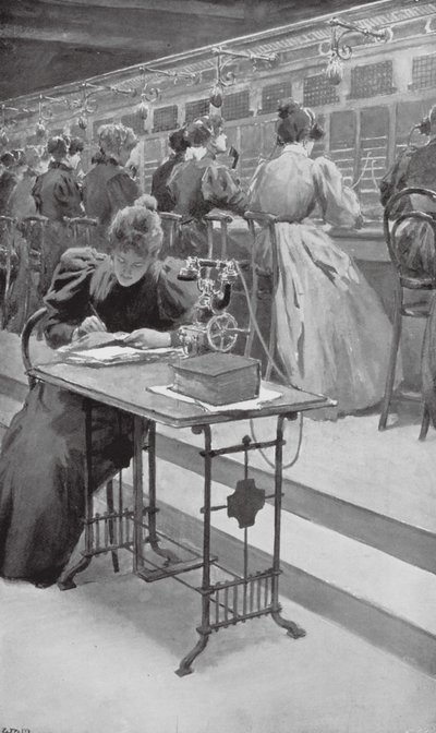 Aan het werk in een telefoonkamer door William Henry (after) Margetson