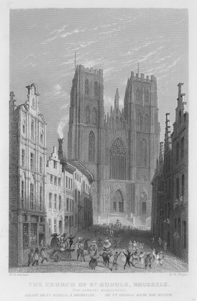 De Kerk van St. Gudule, Brussel, Het Carnaval Maskerade door William Henry Bartlett