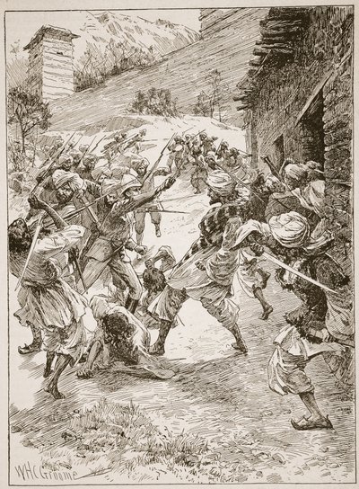 Luitenant Harley, aan het hoofd van veertig Sikhs en zestig Kashmiris, stormde het huis over de monding van de mijn, illustratie uit 