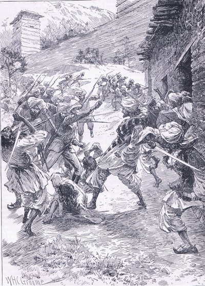 Luitenant Harley leidt de sortie vanuit Fort Chitral, illustratie uit Cassells Geschiedenis van Engeland, 1900s door William Henry Charles Groome