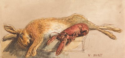 Een dode haas en een gekookte kreeft op een bank door William Henry Hunt