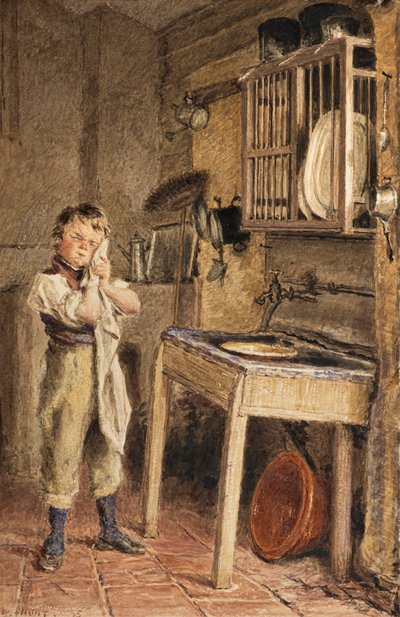 Een jonge jongen die zich wast bij de keukenspoelbak door William Henry Hunt