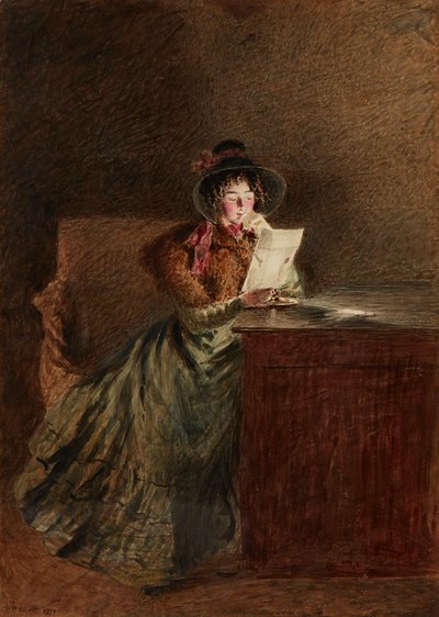 Meisje dat een Brief Leest bij Lamplicht door William Henry Hunt