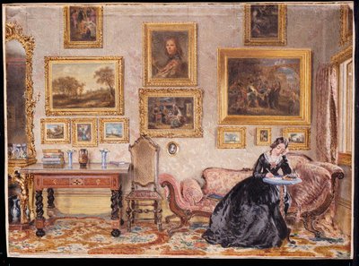 Interieur van een salon met een dame aan haar schrijftafel door William Henry Hunt