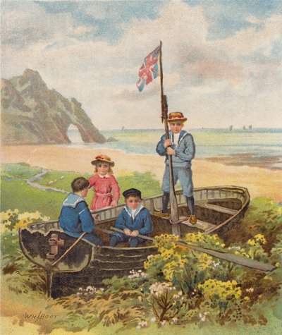 Kinderen spelen in een boot op het strand door William Henry James (after) Boot