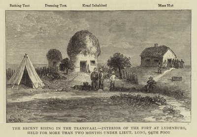 De recente opstand in de Transvaal, interieur van het fort in Lydenburg, meer dan twee maanden gehouden onder luitenant Long, 94e voet door William Henry James Boot