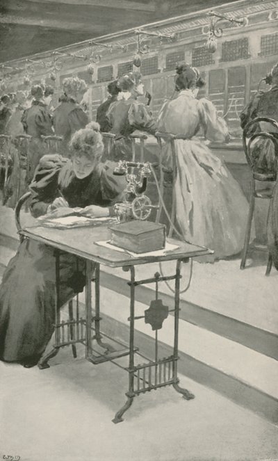 Aan het Werk in een Telefoonkamer door William Henry Margetson
