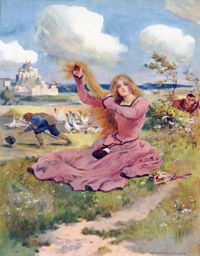 Blaas, jullie briesjes, blaas, zeg ik, blaas de hoed van de ganzenhoeder weg door William Henry Margetson