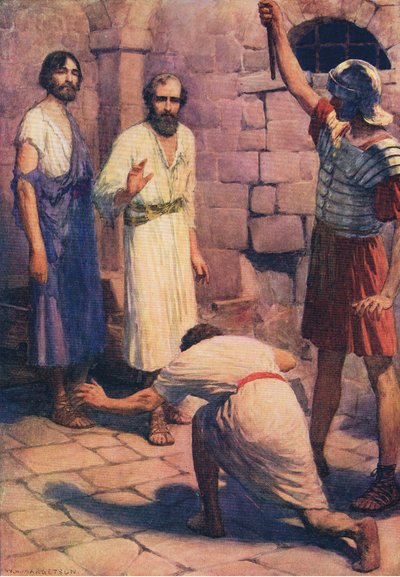 Paulus en Silas in de gevangenis, uit Het Bijbel Prentenboek gepubliceerd door Thomas Nelson, ca.1950 door William Henry Margetson