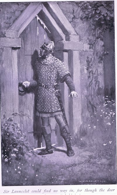Sir Launcelot kon geen weg vinden, want hoewel de deur oud en versleten was, hield hij stand door William Henry Margetson