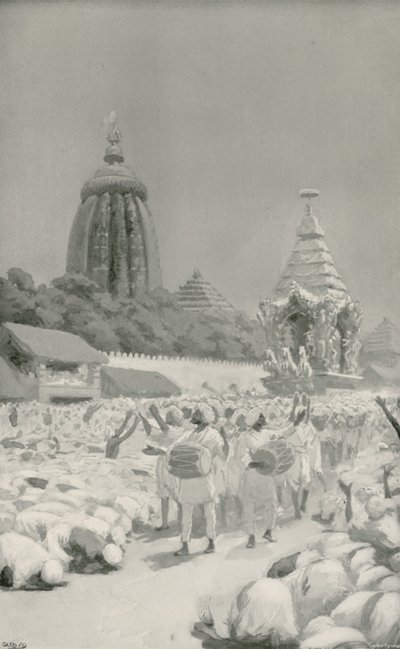 Aanbidders die zich neerwerpen voor de beroemde wagen op het festival van Jagannath door William Henry Margetson