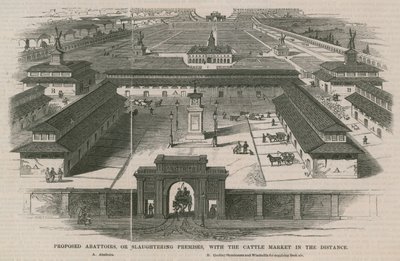 Voorgestelde slachthuizen, of slachtplaatsen, met de veemarkt in de verte door William Henry Prior