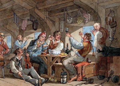 Matrozen drinken aan boord van het benedendek van hun schip, scène met violist en pijproker, linnen liggend op een touw, en boorduitrusting (zwaard, geweer, kanon, lamp) door William Henry Pyne