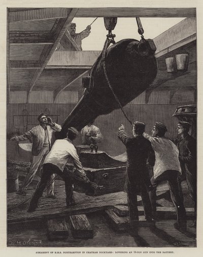 Bewapening van HMS Northampton in Chatham Dockyard, het laten zakken van een 18-tons Kanon in de Batterij door William Heysham Overend