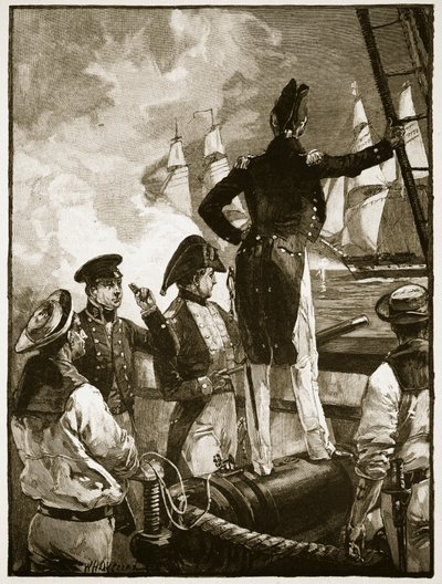 Kapitein Walpole onderschept de schepen van de Hertog van Saldanha, illustratie uit 