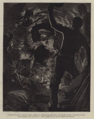 Voltooiing van de St. Gotthardtunnel, ontmoeting van arbeiders van de Airolo- en Goschenen-zijde, in het midden van de tunnel, zondagochtend, 29 februari, negen uur door William Heysham Overend