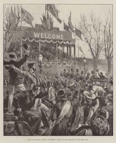 Home Rule, Grote Bijeenkomst in Belfast, Aankomst van Mr Balfour in de Linen Hall door William Heysham Overend